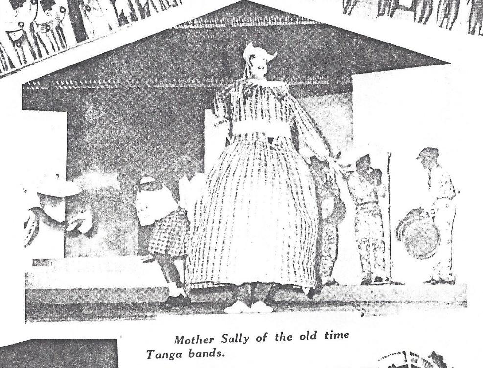 Mother Sally at British Guiana Festival in 1961.
The 1961 edition of the Chronicle Christmas Annual published a photograph of a Tanga Band (apparently another term) at the British Guiana Festival in 1961.