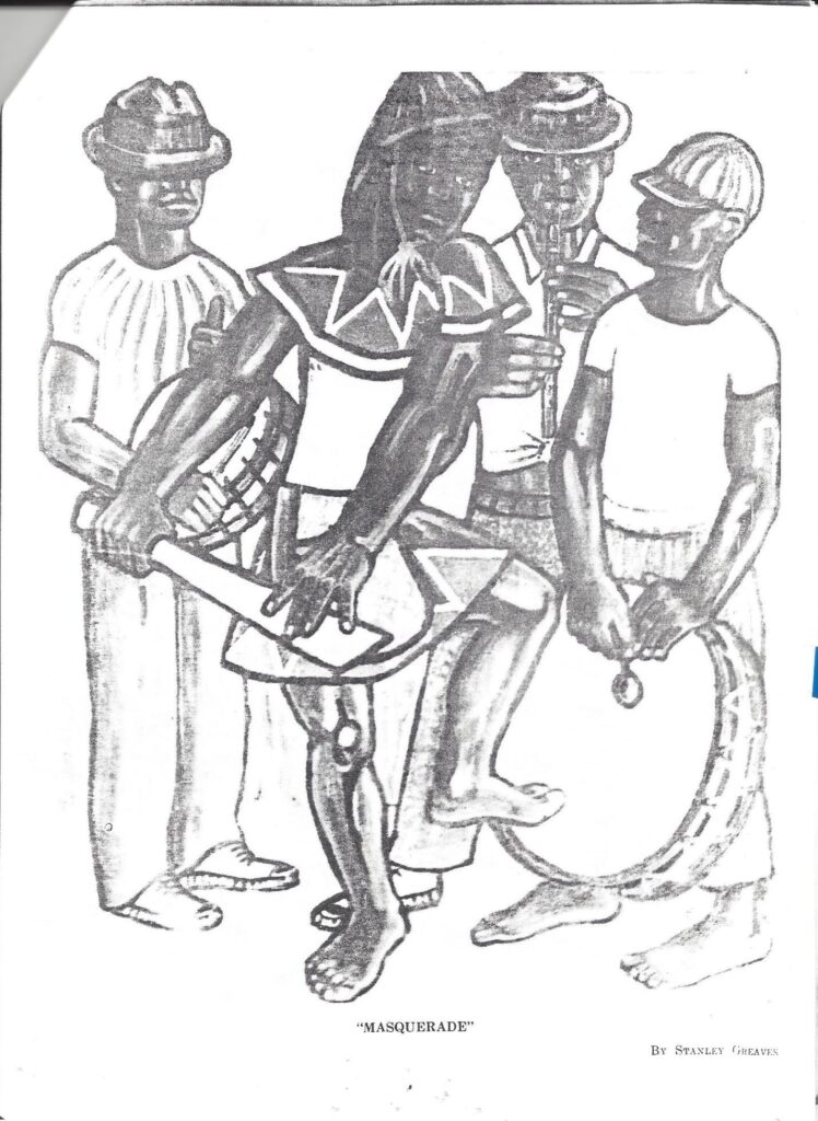 “Masquerade” by Stanley Greaves (late 1950s)
The Chronicle Christmas Annual in 1960 featured Stanley Greave’s painting “MASQUERADE.”  This painting is emblematic of a distinct period in Greaves’ body of work.  It is connected to the “abstractism” of what Dr. Rupert Roopnarine has described as his Pavement series—the late 1950s early 1960s—the dawn and early years of the new nation. 
Chronicle Christmas Annual represented an influential place where tradition, entrepreneurship, news, nostalgia, the arts and technology met.  Among articles, columns, and essays, would be poems, short stories, paintings, photographs, and other works of the imagination.